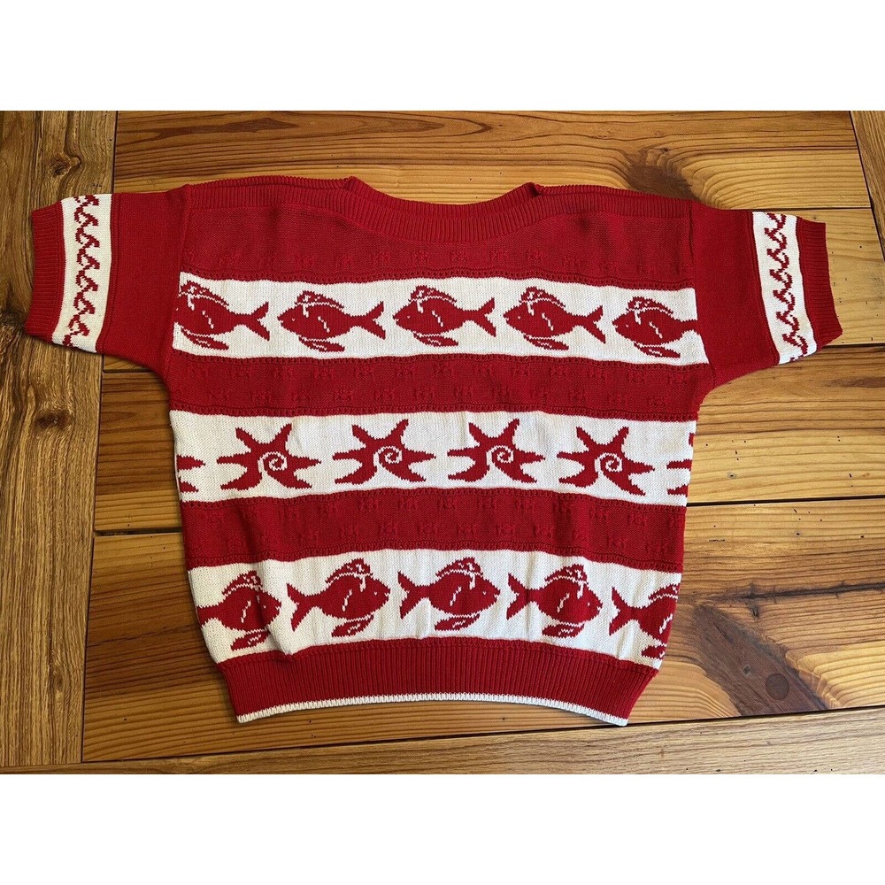 Vintage Knitmakers Red White Fish Starfish Beach Sweater Made in USA Size L